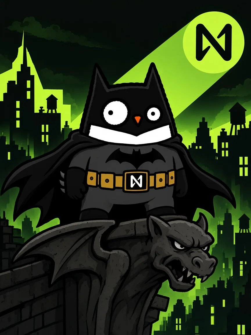BatHoot perched on a gargoyle above Gotham, the NEAR signal behind him