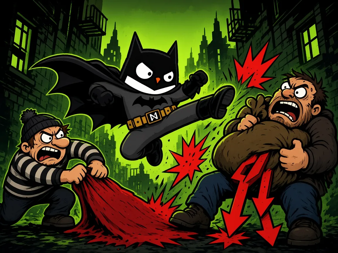BatHoot kicking a rug-puller and a dumper in a back alley