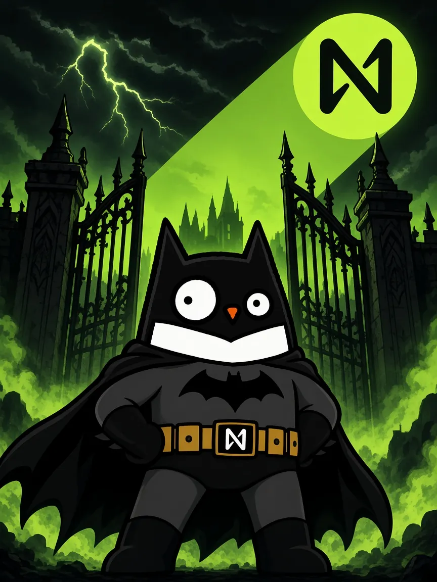 BatHoot standing guard at the Arkham gates under the NEAR signal