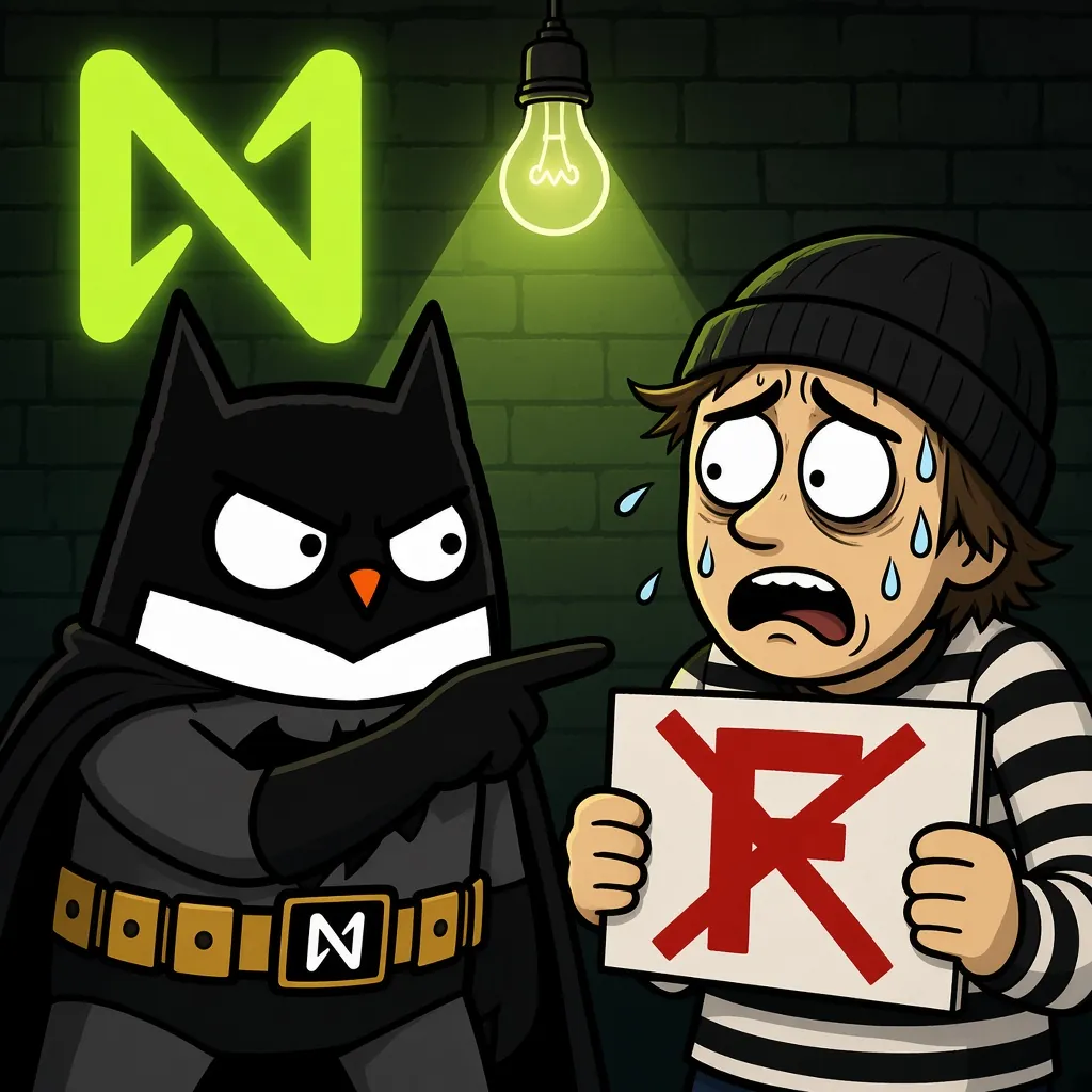 BatHoot interrogating a sweaty goon holding a sign with a crossed-out F
